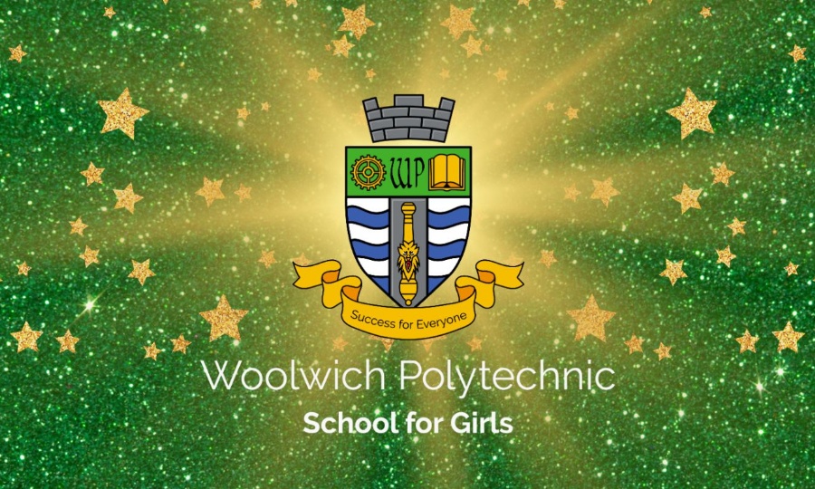 Woolwich Polytechnic School for Girls Logo on a green glitter background with gold stars